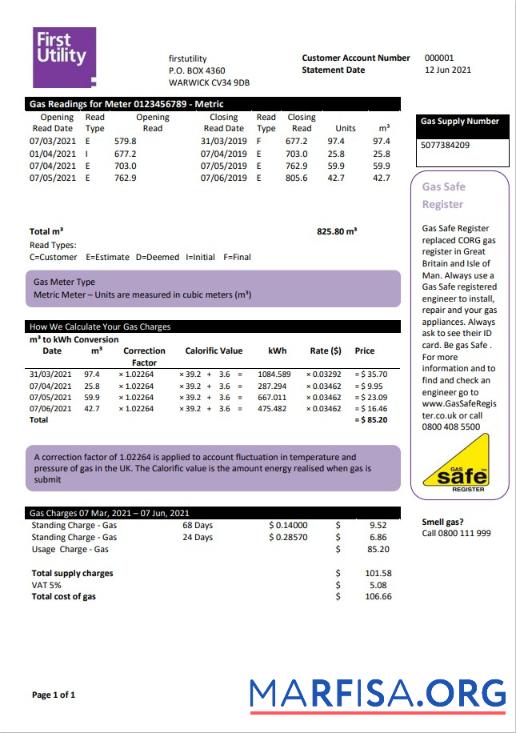 Printable United Kingdom Warwick First Utility bill template in Word and PDF format